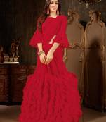 Red plain georgette ruffle saree with blouse