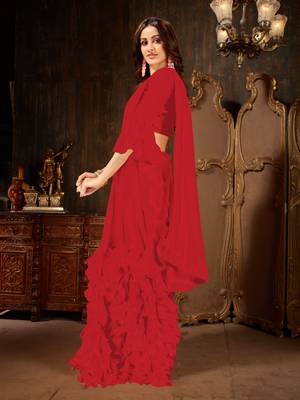 Red plain georgette ruffle saree with blouse 2