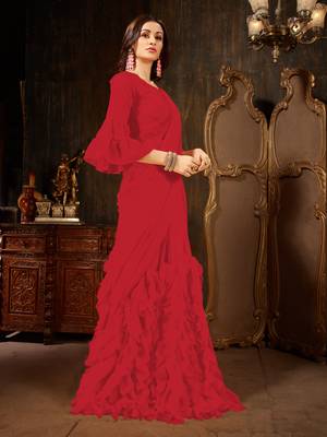 Red plain georgette ruffle saree with blouse 3