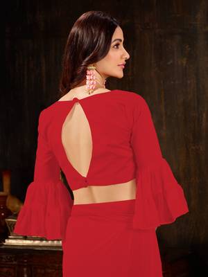Red plain georgette ruffle saree with blouse 5