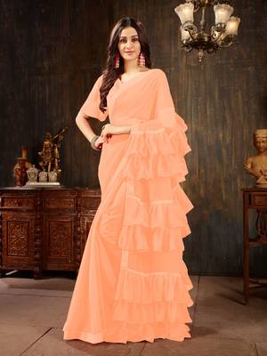 Peach plain georgette ruffle saree with blouse 1