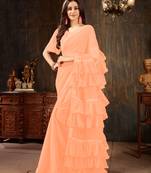 Peach plain georgette ruffle saree with blouse
