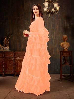 Peach plain georgette ruffle saree with blouse 2