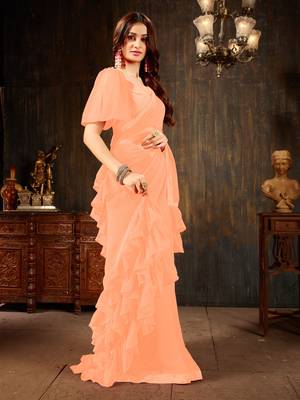 Peach plain georgette ruffle saree with blouse 3