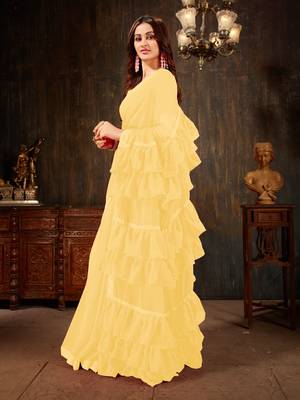 Yellow plain georgette ruffle saree with blouse 2