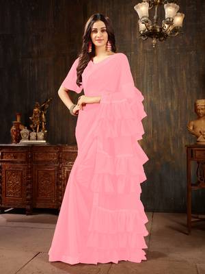 Pink plain georgette ruffle saree with blouse 1