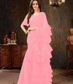 Pink plain georgette ruffle saree with blouse