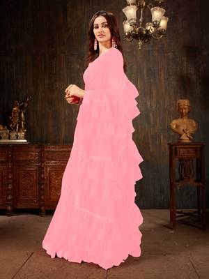 Pink plain georgette ruffle saree with blouse 2