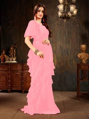 Pink plain georgette ruffle saree with blouse 3