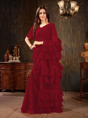 Maroon plain georgette ruffle saree with blouse 1