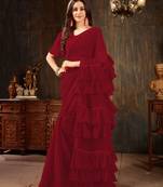 Maroon plain georgette ruffle saree with blouse