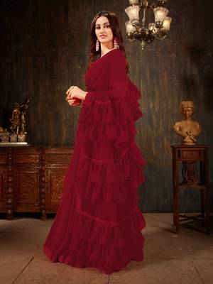 Maroon plain georgette ruffle saree with blouse 2