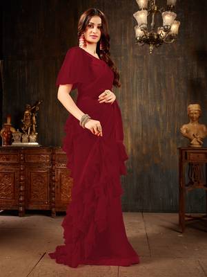Maroon plain georgette ruffle saree with blouse 3