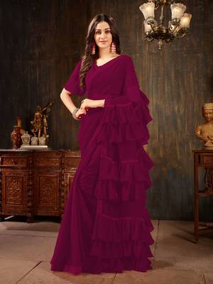 Wine plain georgette ruffle saree with blouse 1
