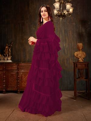 Wine plain georgette ruffle saree with blouse 2