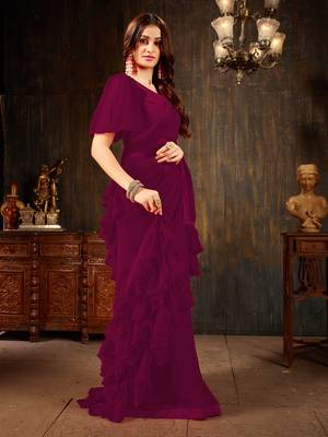 Wine plain georgette ruffle saree with blouse 3
