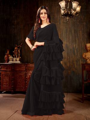 Black plain georgette ruffle saree with blouse 1