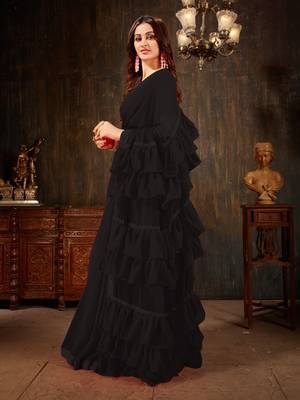 Black plain georgette ruffle saree with blouse 2