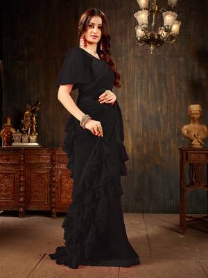 Black plain georgette ruffle saree with blouse 3