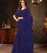 Blue plain georgette ruffle saree with blouse