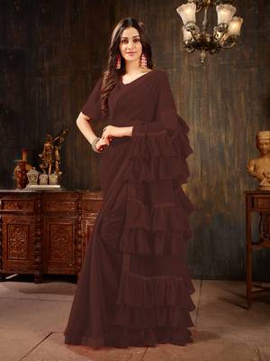 Brown plain georgette ruffle saree with blouse 1