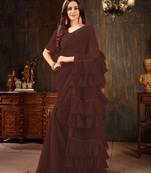 Brown plain georgette ruffle saree with blouse