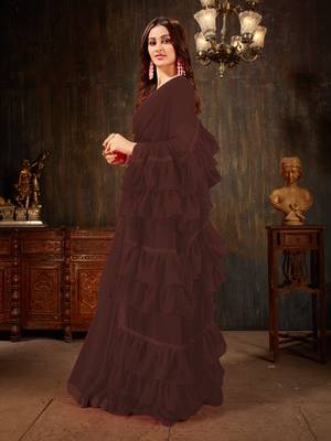 Brown plain georgette ruffle saree with blouse 2