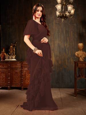 Brown plain georgette ruffle saree with blouse 3