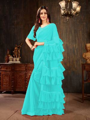 Light blue plain georgette ruffle saree with blouse 1