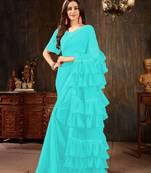 Light blue plain georgette ruffle saree with blouse