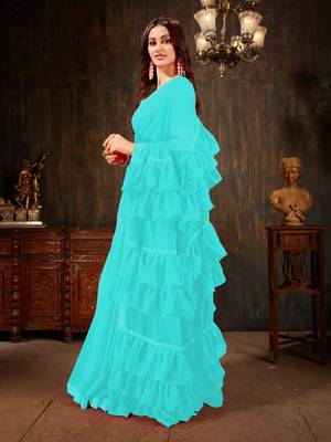 Light blue plain georgette ruffle saree with blouse 2