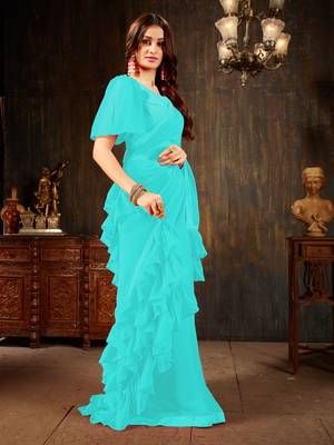 Light blue plain georgette ruffle saree with blouse 3