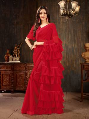 Red plain georgette ruffle saree with blouse 1