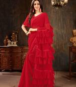 Red plain georgette ruffle saree with blouse
