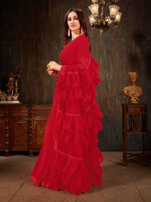 Red plain georgette ruffle saree with blouse 2