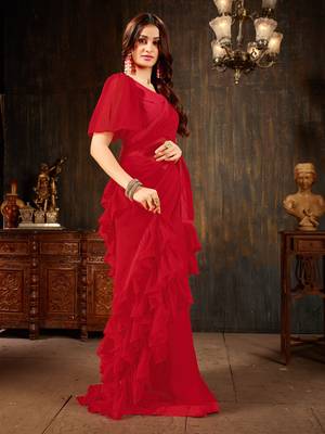 Red plain georgette ruffle saree with blouse 3