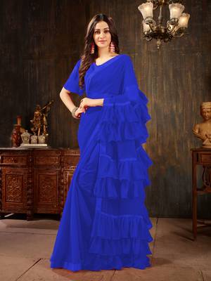 Blue plain georgette ruffle saree with blouse 1
