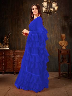 Blue plain georgette ruffle saree with blouse 2