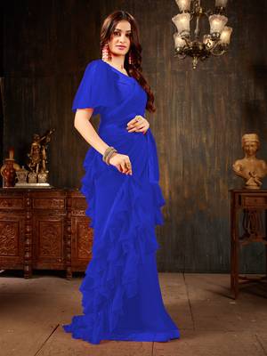 Blue plain georgette ruffle saree with blouse 3