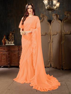 Peach plain georgette ruffle saree with blouse 1