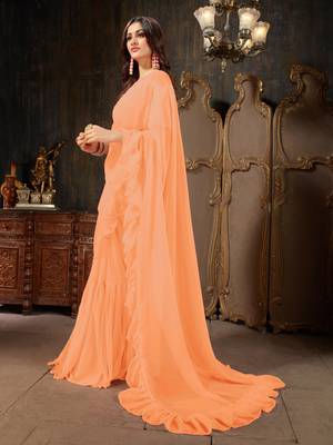 Peach plain georgette ruffle saree with blouse 2