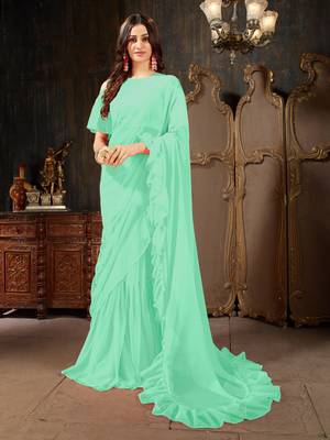 Turquoise plain georgette ruffle saree with blouse 1