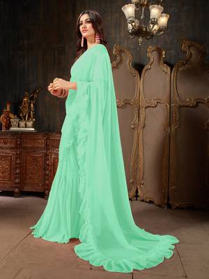 Turquoise plain georgette ruffle saree with blouse 2
