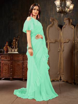 Turquoise plain georgette ruffle saree with blouse 3