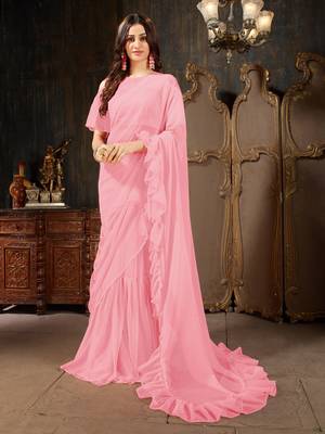 Pink plain georgette ruffle saree with blouse 1