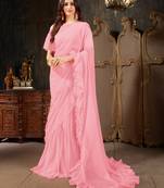 Pink plain georgette ruffle saree with blouse