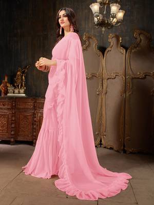 Pink plain georgette ruffle saree with blouse 2