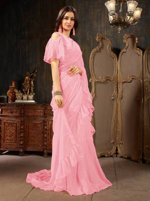 Pink plain georgette ruffle saree with blouse 3