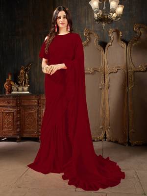Maroon plain georgette ruffle saree with blouse 1
