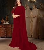 Maroon plain georgette ruffle saree with blouse